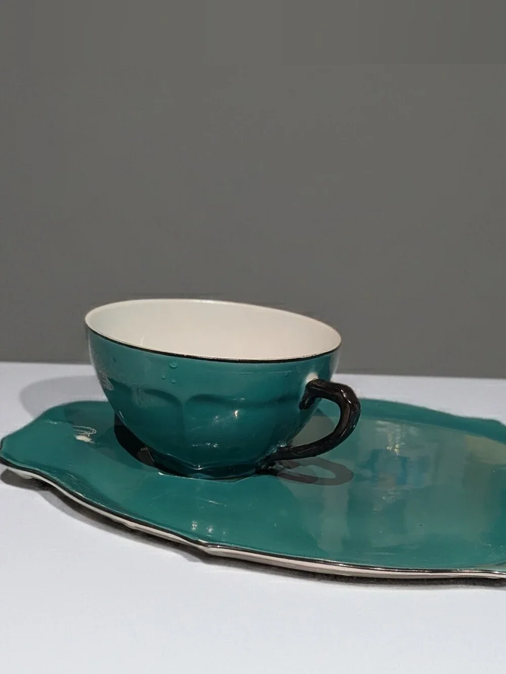 Vintage Czechoslovakia Teal Porcelain Snack Set - 3 Cups & Plates